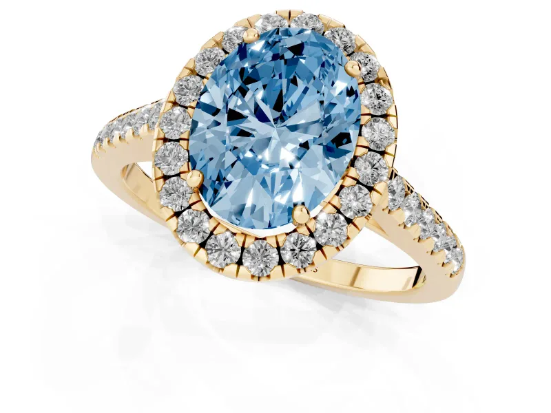 Oval Halo Engagement Ring Setting for a Fancy Blue Lab-Grown Diamond | Pave Shoulders | Yellow Gold