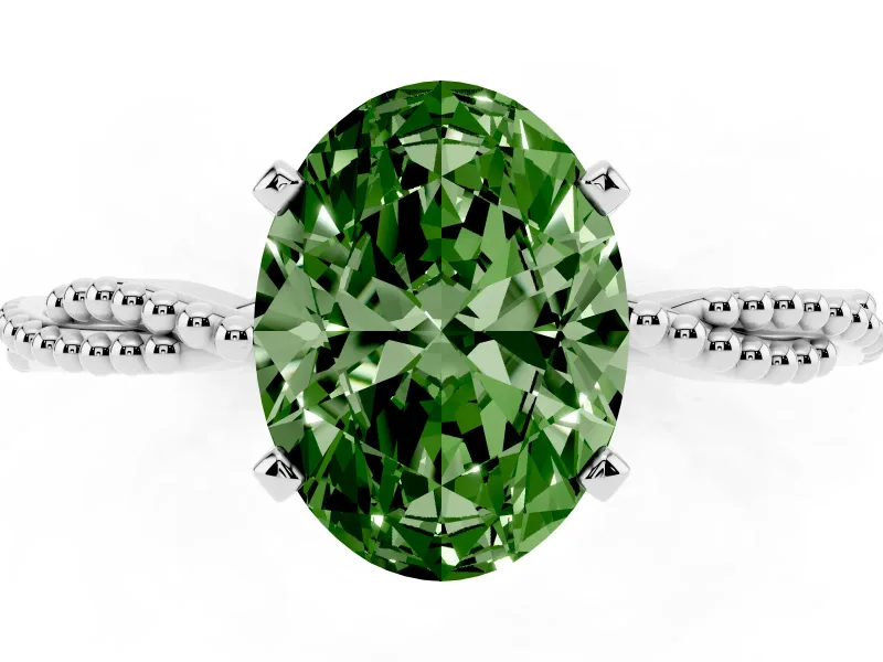 Fancy Green Oval Cut Diamond Solitaire Ring Set in Platinum with Twisted Band and Bead Prong Setting