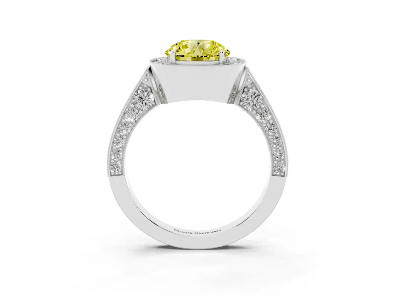Round Milgrain Halo Engagement Ring Setting for a Fancy Yellow Lab-Grown Diamond | Side Stones | Platinum
