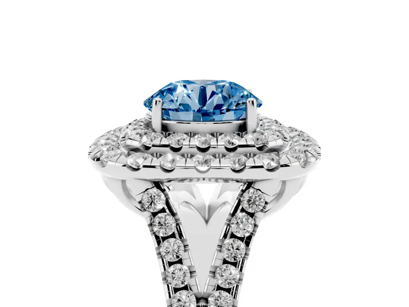 Round Halo Split Shank Engagement Ring Setting for a Fancy Blue Lab-Grown Diamond | Pavé Strands | White Gold