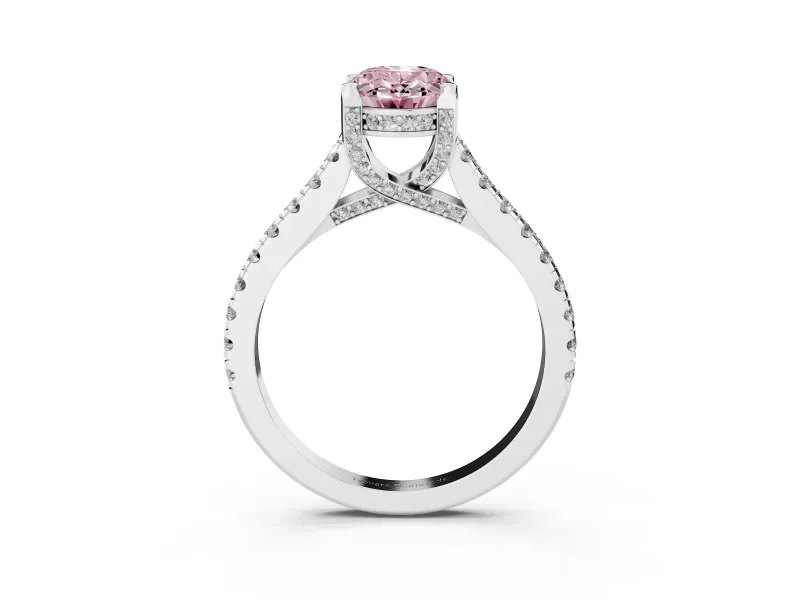 Oval Hidden Halo Pave Engagement Ring Setting for a Fancy Pink Lab-Grown Diamond | Claw Prongs | White Gold
