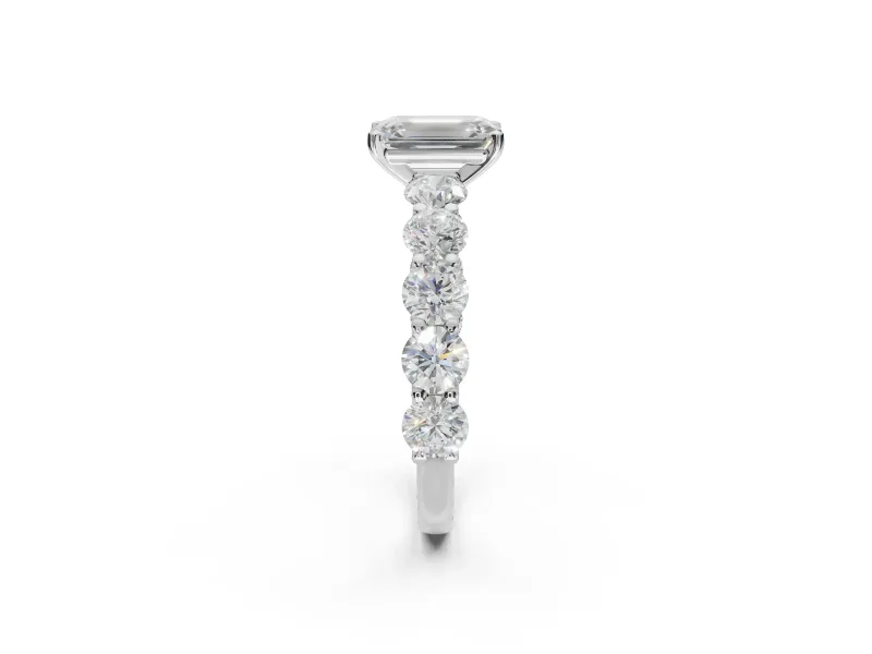 Emerald Cut Side Stone Engagement Ring Setting | Scalloped Prong Accents | Sterling Silver