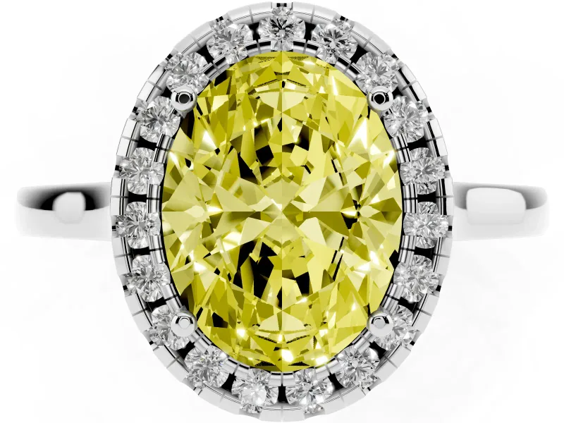 Fancy Yellow Oval Cut Halo Round Diamond Solitaire Ring Set in Platinum with Pavé Band and Prong Setting
