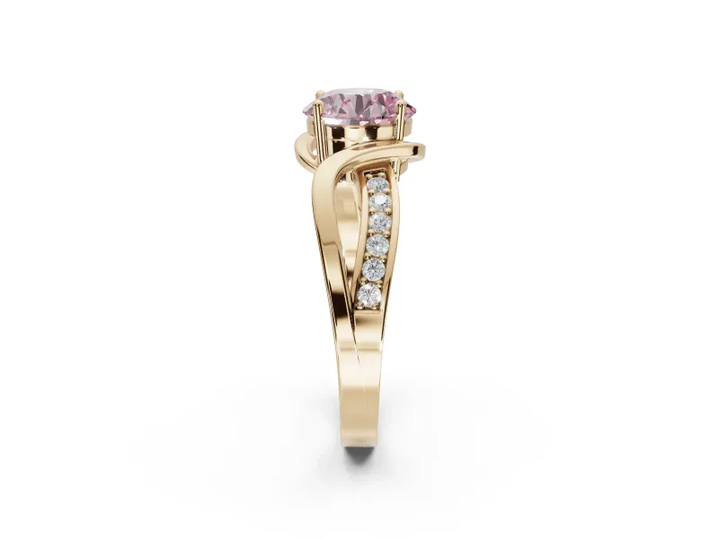 Round Bypass Solitaire Engagement Ring Setting for a Fancy Pink Lab-Grown Diamond | Pavé and Plain Strands | Yellow Gold