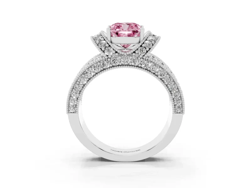 Fancy Pink Cushion Cut Diamond Milgrain Halo Pavé Engagement Ring Set in Platinum with Prong Setting