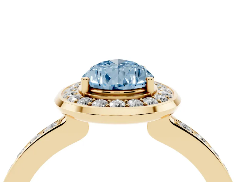 Pear-Shaped Bezel-Rim Halo Engagement Ring Setting for a Fancy Blue Lab-Grown Diamond | Pave Band | Yellow Gold