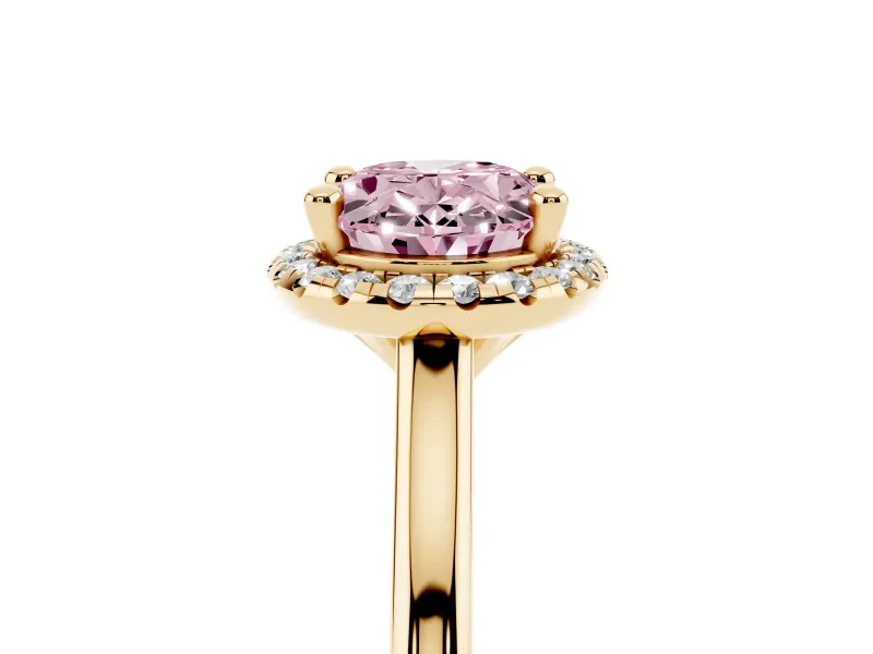 Oval Halo Engagement Ring Setting for a Fancy Pink Lab-Grown Diamond | Plain Polished Band | Yellow Gold