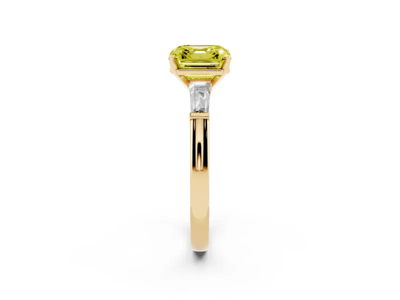 Asscher Cut Three Stone Engagement Ring Setting for a Fancy Yellow Lab-Grown Diamond | Tapered Baguettes | Yellow Gold