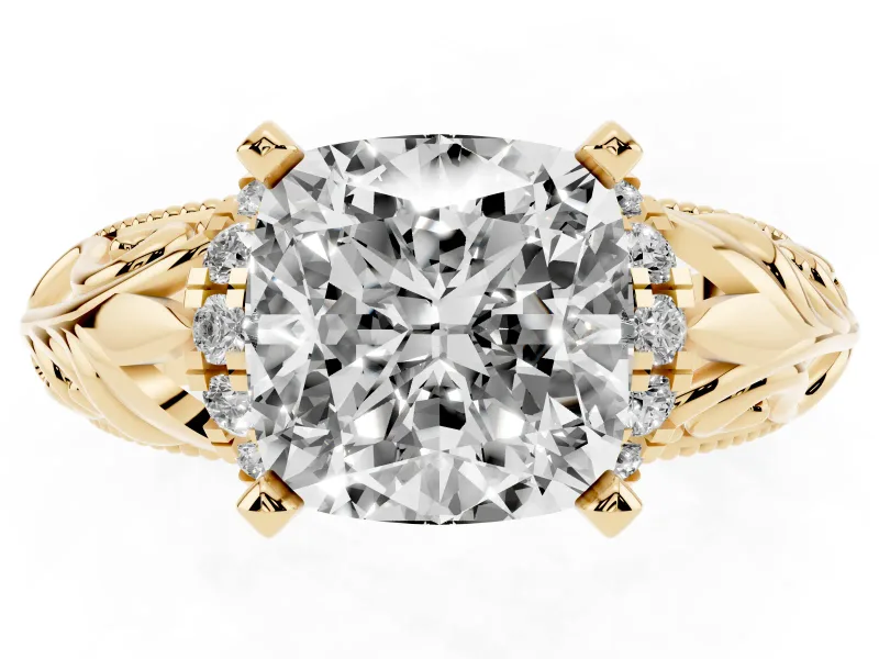 Cushion Cut Vintage Filigree Solitaire Engagement Ring Setting | Accented Basket | Yellow Gold