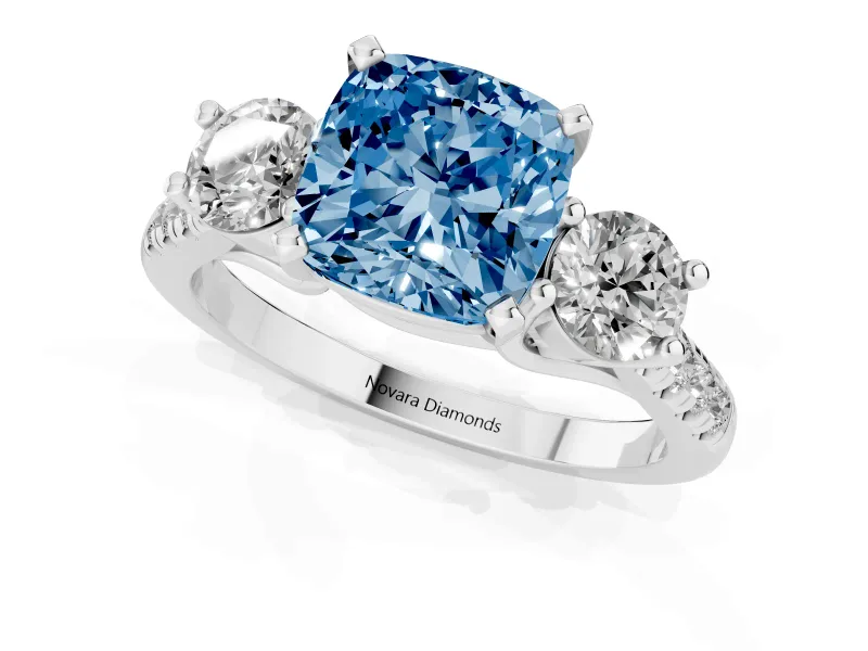Cushion Cut Three-Stone Engagement Ring Setting for a Fancy Blue Lab-Grown Diamond | White Gold