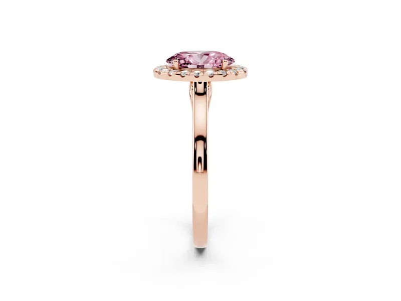 Fancy Pink Oval Cut Halo Round Diamond Solitaire Ring Set in Rose gold with Pavé Band and Prong Setting