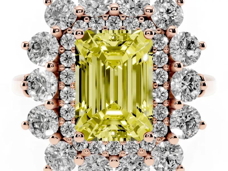 Emerald Cut Floral Double Halo Engagement Ring Setting for a Fancy Yellow Lab-Grown Diamond | Plain Band | Rose Gold