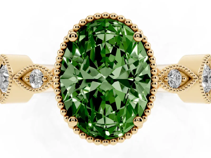 Fancy Green Oval Cut Diamond Vintage-Inspired Milgrain Ring Set in Yellow gold with Marquise Stations of Round Accents