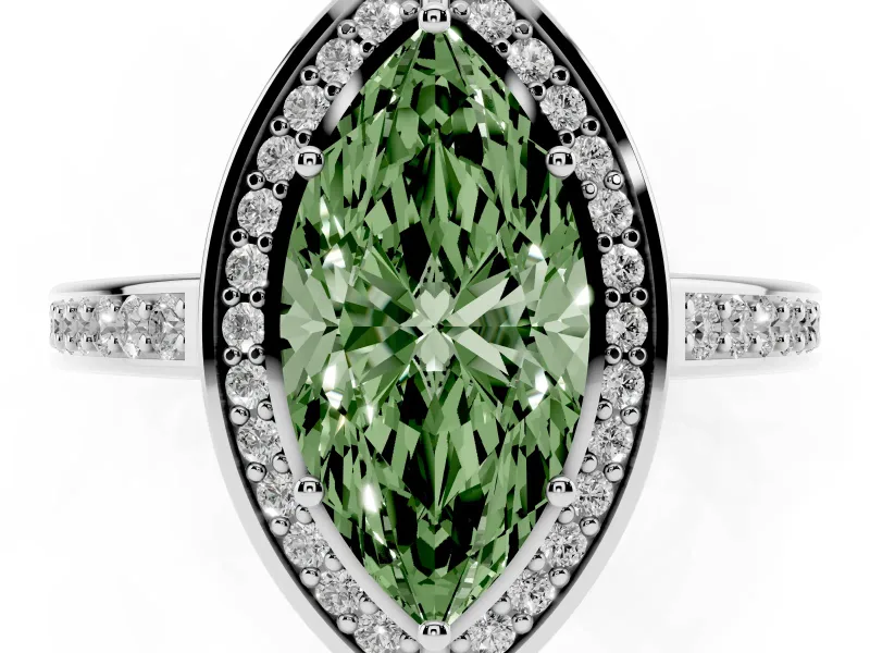 Fancy Green Marquise Cut Diamond Halo Pavé Split Shank Ring Set in Silver with Prong Setting
