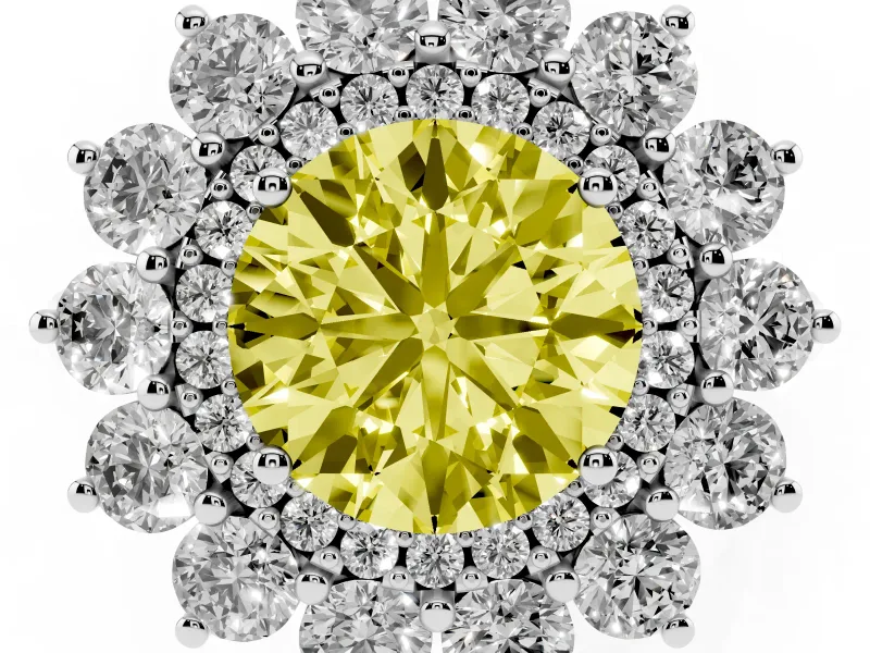 Round Floral Double Halo Engagement Ring Setting for a Fancy Yellow Lab-Grown Diamond | Plain Band | Sterling Silver