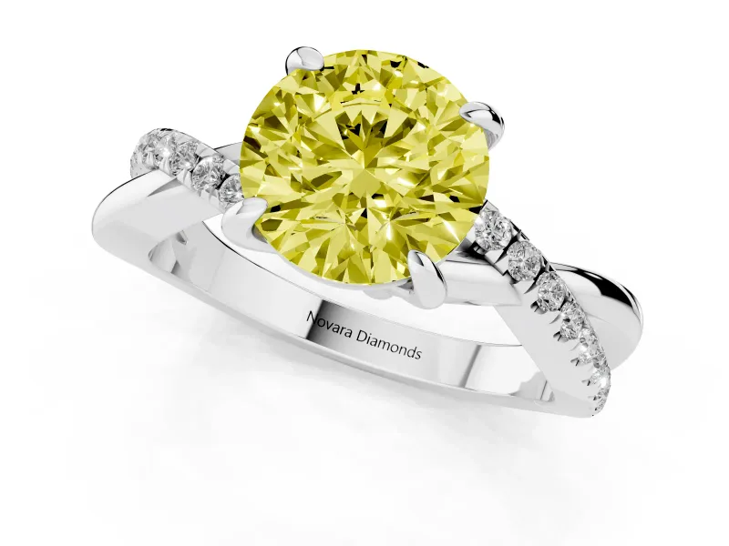 Fancy Yellow Round Cut Diamond Twist Band Solitaire Set in Silver with Pavé Accents and Prong Setting
