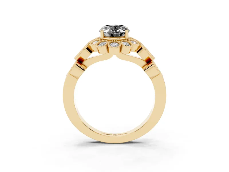 Oval Scalloped Halo Engagement Ring Setting for a Black Center | Heart Pavé Band | Yellow Gold