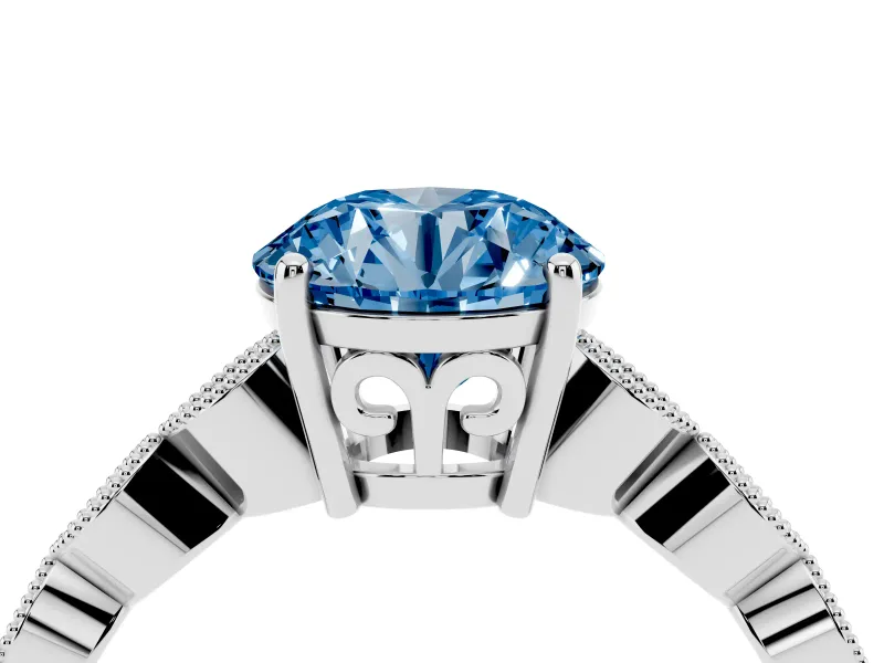 Round Milgrain Solitaire Engagement Ring Setting for a Fancy Blue Lab-Grown Diamond | Scalloped Band | Sterling Silver