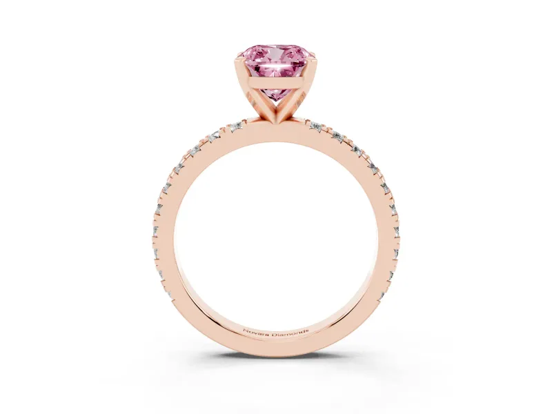 Fancy Pink Cushion Cut Diamond Pavé Band Solitaire Set in Rose gold with Prong Setting