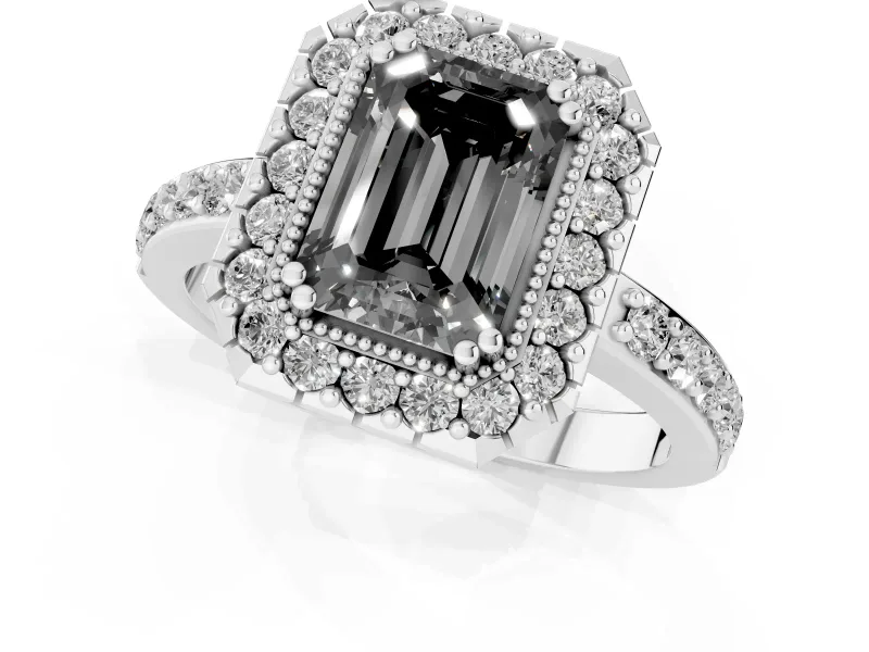 Emerald Cut Milgrain Halo Engagement Ring Setting for a Black Center | Pavé Shoulders | Platinum