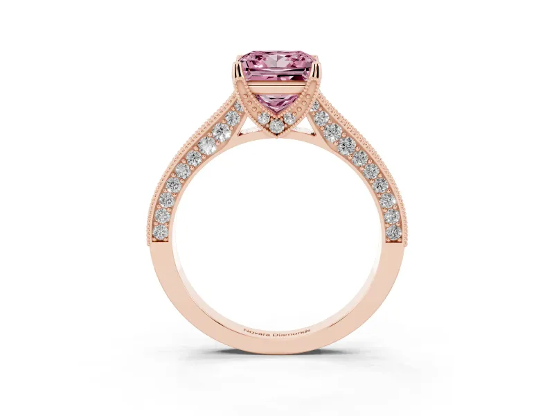 Princess Cut Hidden Halo Engagement Ring Setting for a Fancy Pink Lab-Grown Diamond | Milgrain Pave | Rose Gold