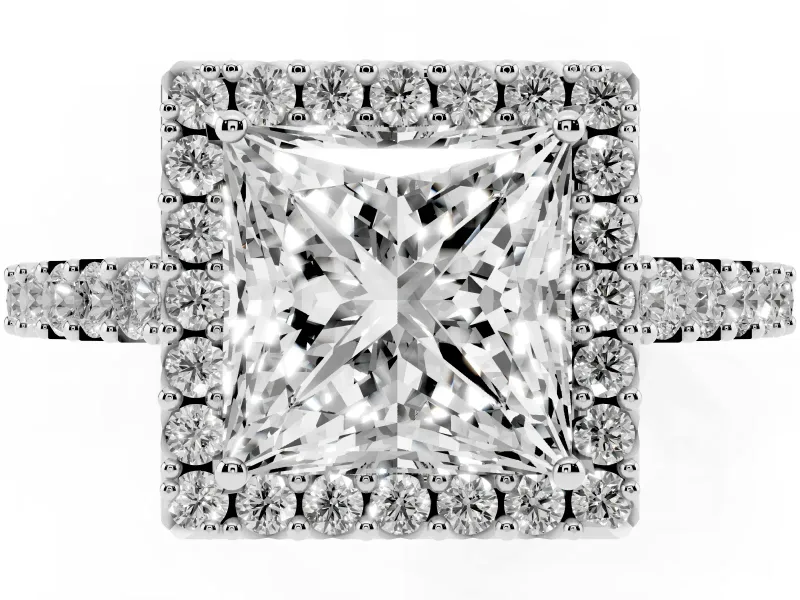 Princess Cut Halo Engagement Ring Setting | Single Row Pavé Band | Sterling Silver