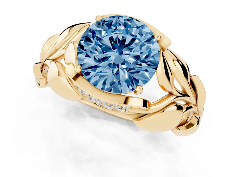 Fancy Blue Round Cut Diamond Leaf-Inspired Engagement Ring Set in Yellow gold with Round Accents