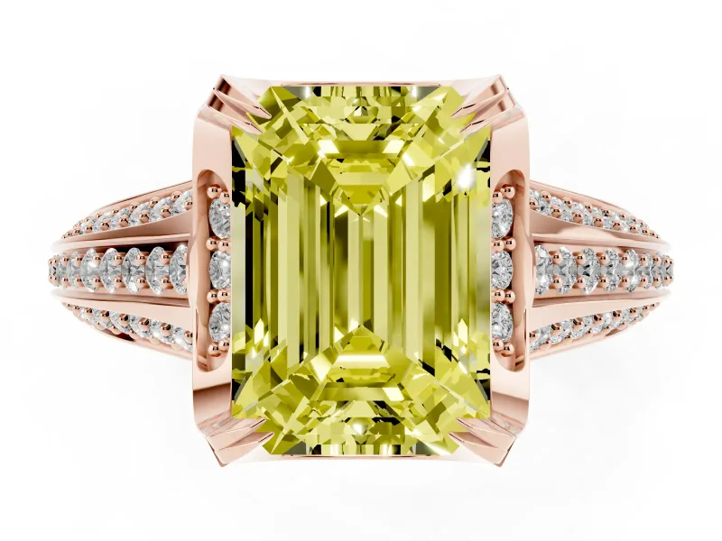 Fancy Yellow Emerald Cut Diamond Pavé Split Shank Solitaire Ring Set in Rose gold with Prong Setting