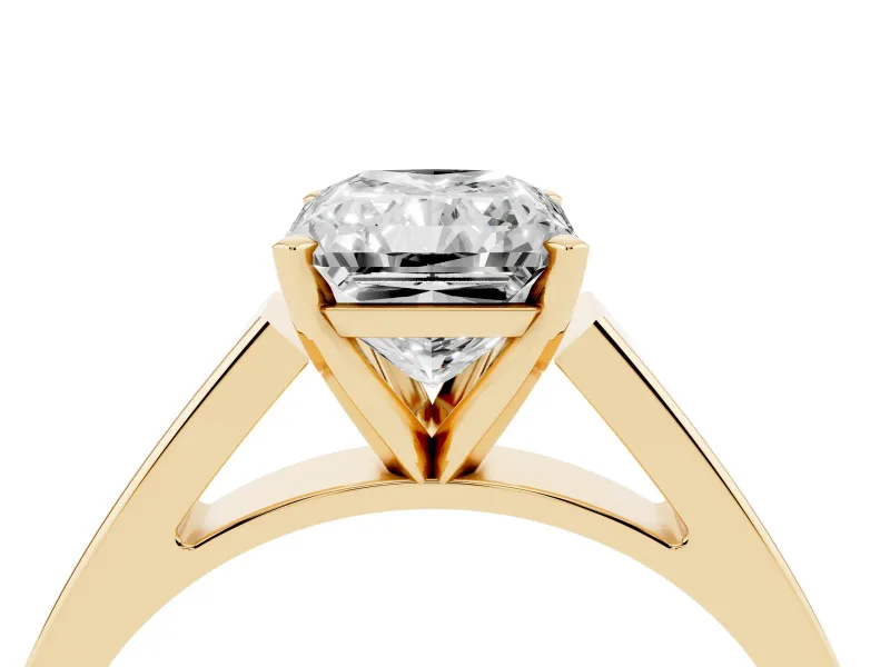 Radiant Cut Diamond Solitaire Engagement Ring Set in Yellow gold with Prong Setting and Tapered Band