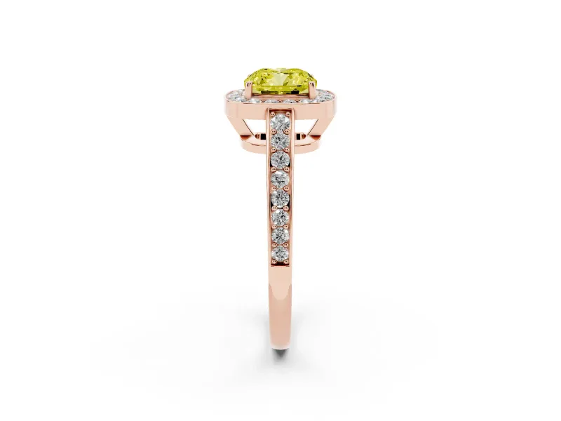 Fancy Yellow Cushion Cut Diamond Halo Pavé Engagement Ring Set in Rose gold with Bezel Setting