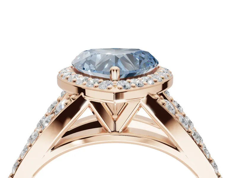Heart-Shaped Halo Pavé Engagement Ring Setting for a Fancy Blue Lab-Grown Diamond | Narrow Split Shank | Rose Gold