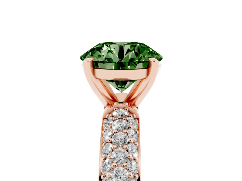 Fancy Green Round Cut Diamond Solitaire Ring Set in Rose gold with Prong Setting and Pavé-Set Band