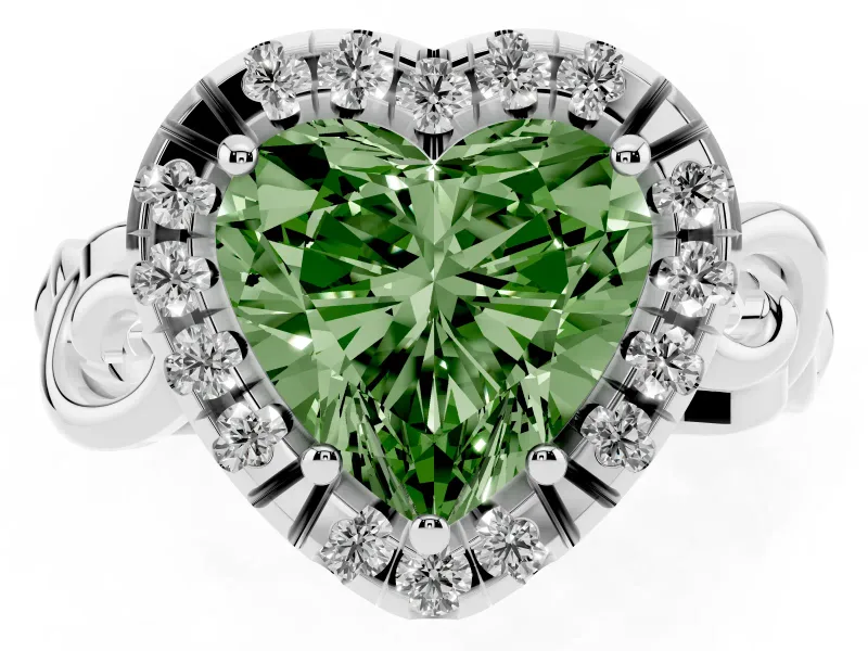 Fancy Green Heart Cut Diamond Halo Ring Set in White gold with Scrollwork Band and Prong Setting