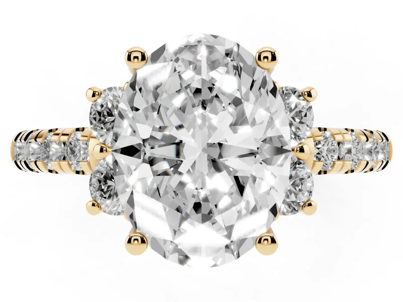 Oval Side Stone Pave Engagement Ring Setting | Paired Round Accents | Yellow Gold