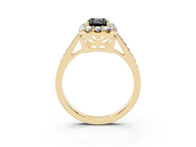 Fancy Black Emerald Cut Diamond Floral Halo Ring Set in Yellow gold with Pavé Band and Prong Setting
