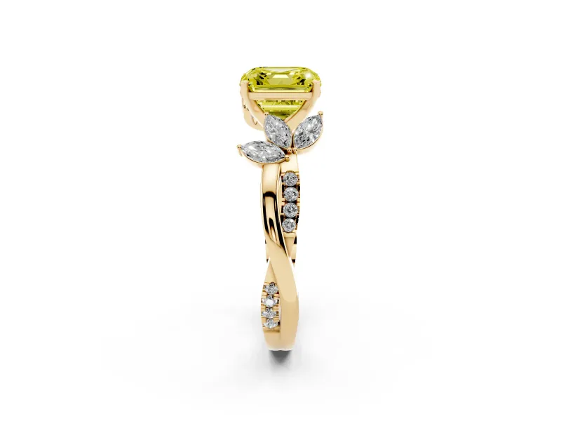 Fancy Yellow Asscher Cut Diamond Floral Vine Solitaire Engagement Ring Set in Yellow gold with Marquise Leaves