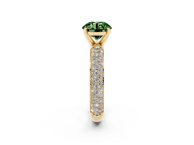 Fancy Green Round Cut Diamond Solitaire Ring Set in Yellow gold with Prong Setting and Pavé-Set Band