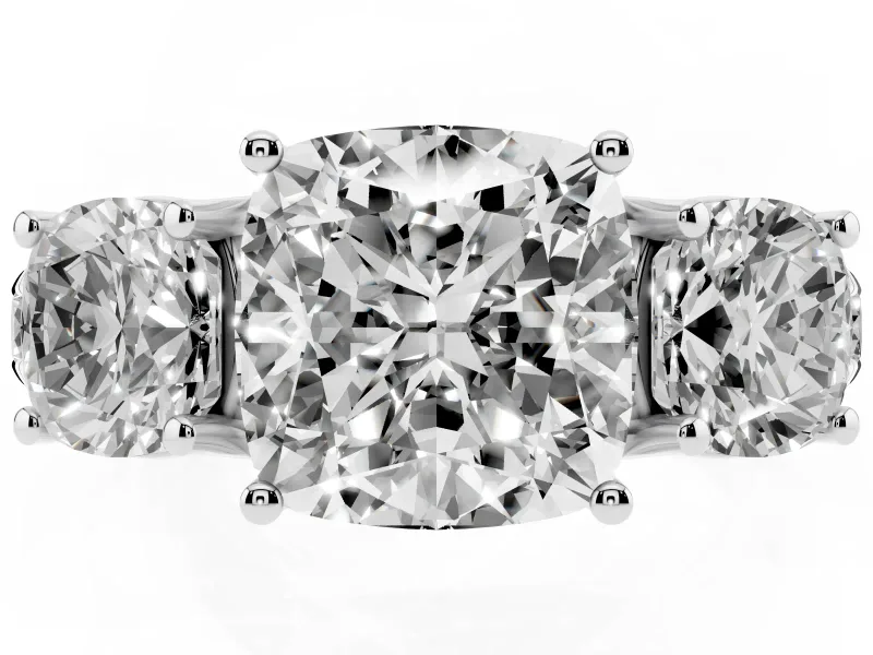 Cushion Cut Diamond Three-Stone Ring Set in White gold with Pavé Band