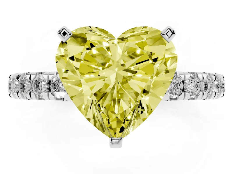 Fancy Yellow Heart Cut Diamond Pavé Solitaire Ring Set in Platinum with Round Band and Prong Setting