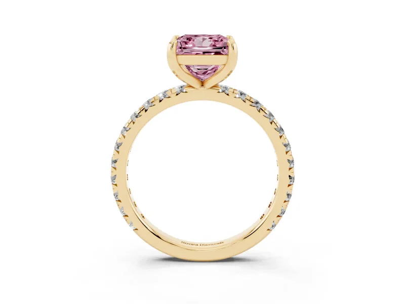 Fancy Pink Princess Cut Diamond Pavé Solitaire Ring Set in Yellow gold with Round Band and Prong Setting