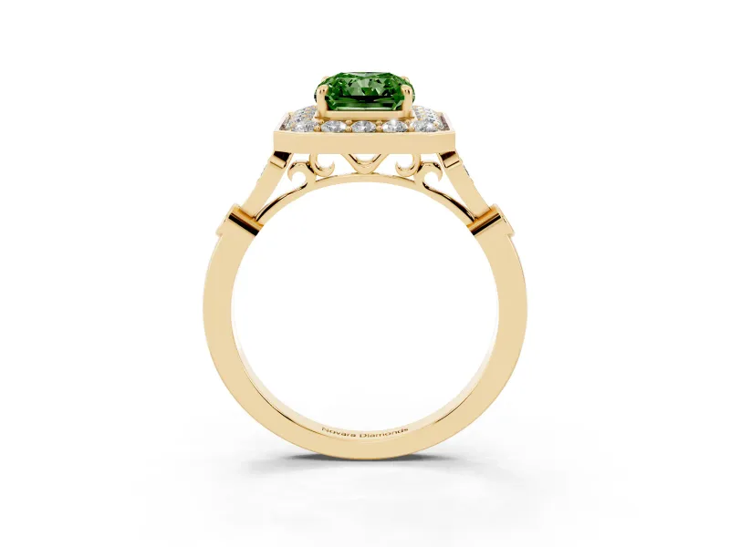 Radiant Cut Halo Engagement Ring Setting for a Fancy Green Lab-Grown Diamond | Bezel Station Shoulders | Yellow Gold