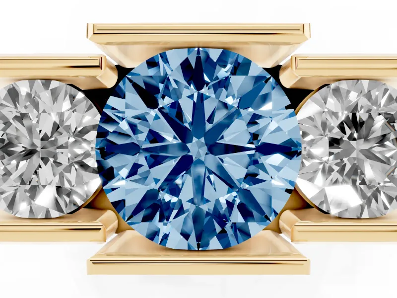 Fancy Blue Round Cut Diamond Three-Stone Channel Set Ring Set in Yellow gold with Smooth Polished Band