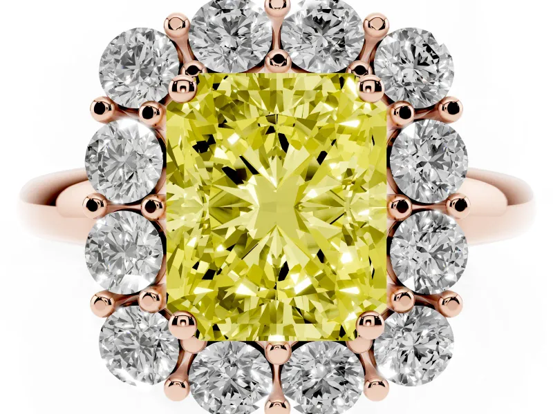 Radiant Cut Cluster Halo Engagement Ring Setting for a Fancy Yellow Lab-Grown Diamond | Large Round Accents | Rose Gold