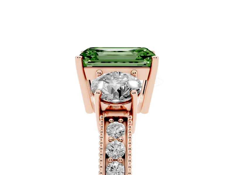 Fancy Green Emerald Cut Diamond Three-Stone Ring Set in Rose gold with Round Side Stones and Pavé Band
