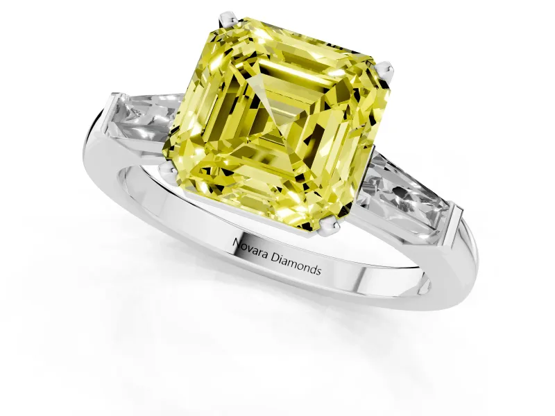 Asscher Cut Three Stone Engagement Ring Setting for a Fancy Yellow Lab-Grown Diamond | Tapered Baguettes | Platinum
