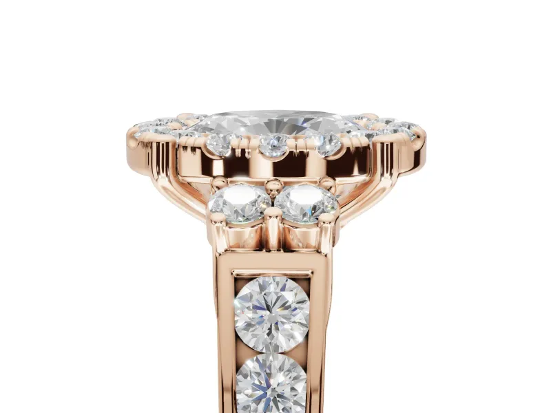Oval Halo Side Cluster Engagement Ring Setting | Graduated Channel Band | Rose Gold