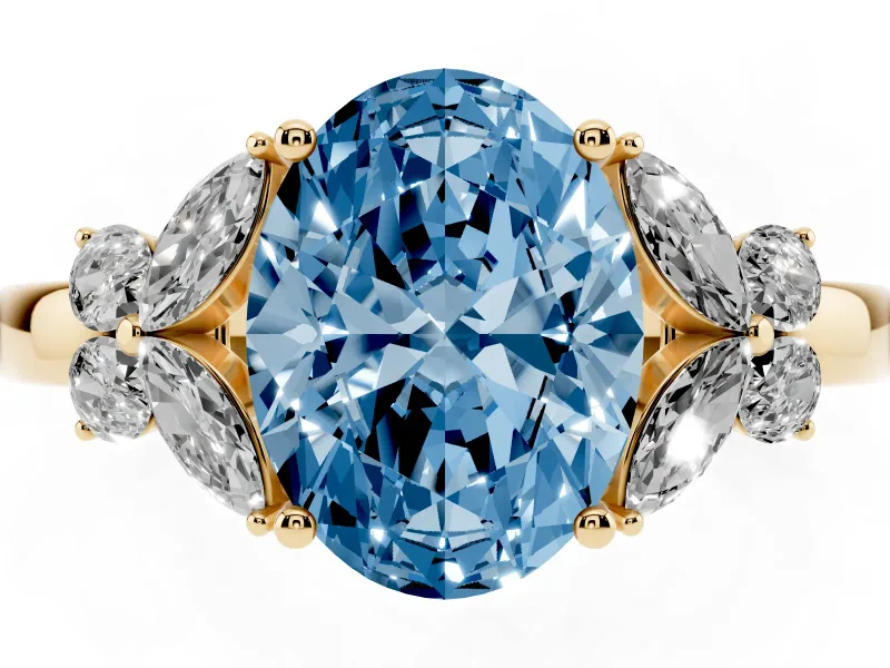 Fancy Blue Oval Cut Diamond Solitaire Floral Ring Set in Yellow gold with Marquise Petals and Prong Setting
