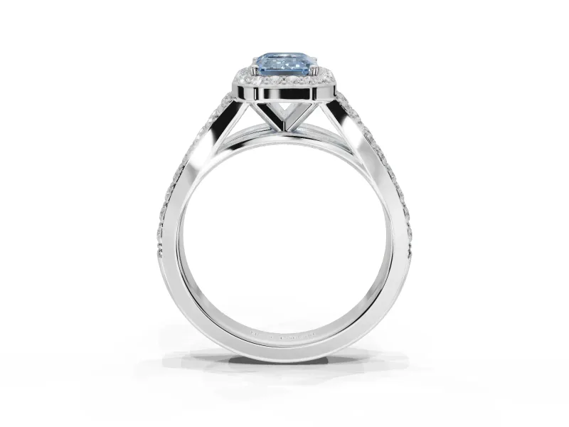 Emerald Cut Halo Pavé Engagement Ring Setting for a Fancy Blue Lab-Grown Diamond | Narrow Split Shank | Sterling Silver
