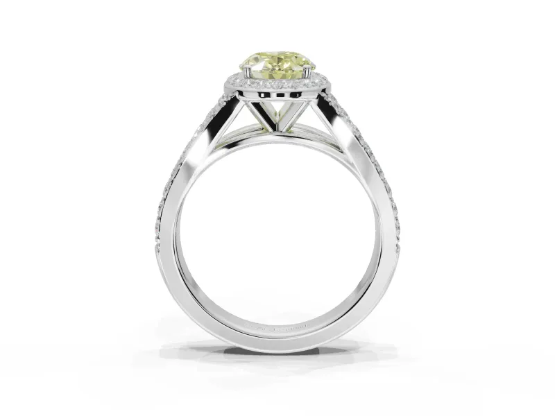 Oval Halo Pavé Engagement Ring Setting for a Fancy Yellow Lab-Grown Diamond | Narrow Split Shank | Sterling Silver