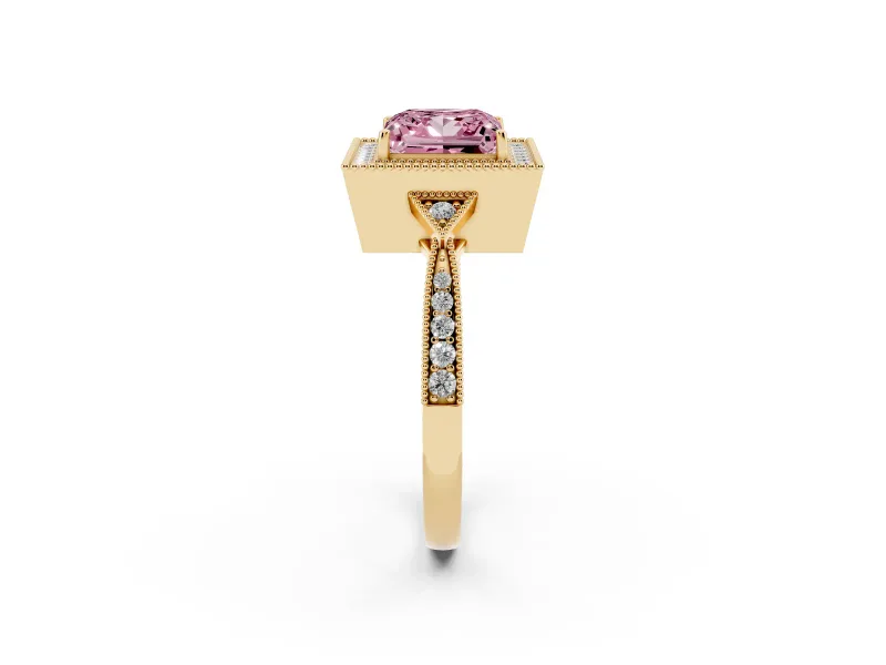 Fancy Pink Princess Cut Diamond Halo Engagement Ring Set in Yellow gold with Milgrain Pavé Band
